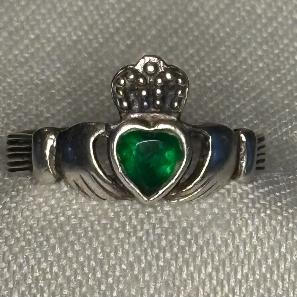 Sterling Silver Claddagh Ring with Green Heart Stone